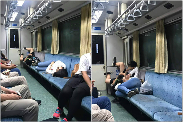 ▲網友在臉書發文，火車車廂內看見母子3人橫躺整排座位，邊躺著腳還邊跨在欄杆上。（圖／翻攝臉書爆料公社）