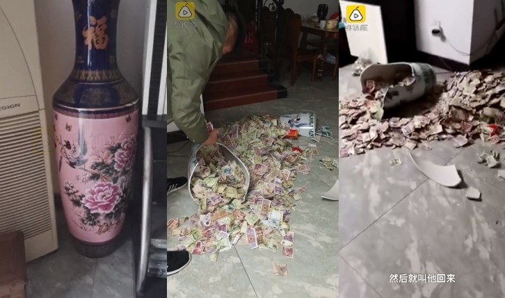 ▲男子在花瓶裡藏了私房錢,打破之後欲哭無淚。(圖/翻攝自梨視頻)