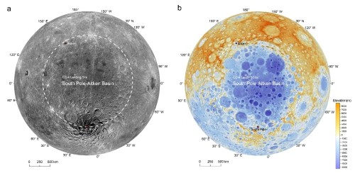 ▲▼月球南極-艾特肯盆地和嫦娥4號著陸點位置圖。左圖為影像圖，右圖為地形圖。（圖／翻攝自中國科學院國家天文台）