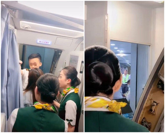 ▲▼長髮乘客為等女兒堵機艙門阻止飛機起飛。（圖／翻攝自《北京頭條》）