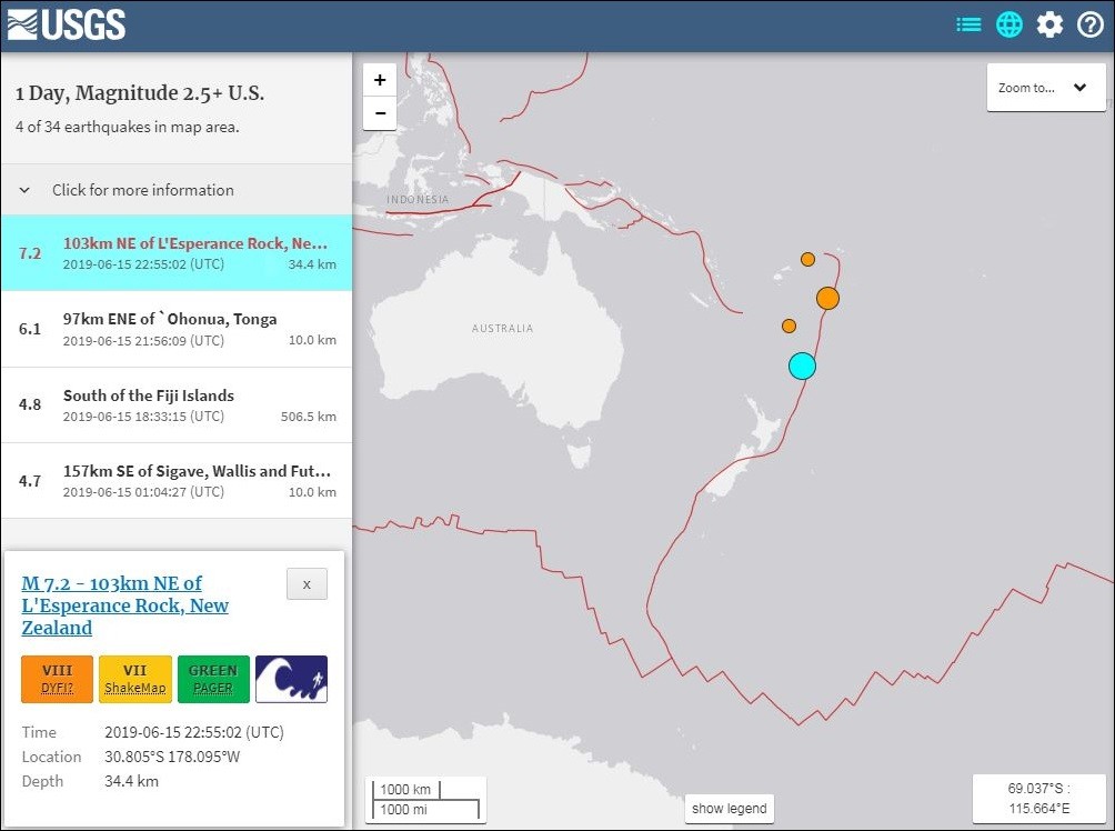 ▲紐西蘭東北海域發生規模7.4強震。（圖／翻攝自USGS）