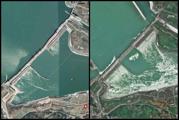 ▲▼有網友將三峽大壩的照片做前後比較。（左圖／翻攝自Google Map／右圖，翻攝自中國航天科技集團微博）