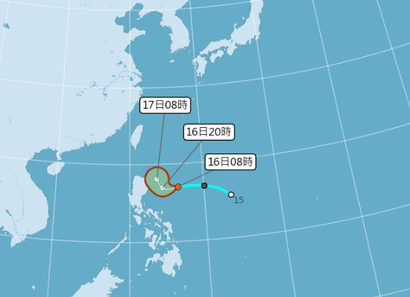 ▲▼準颱風丹娜絲7/16 0800最新路徑潛勢預報。（圖／中央氣象局）