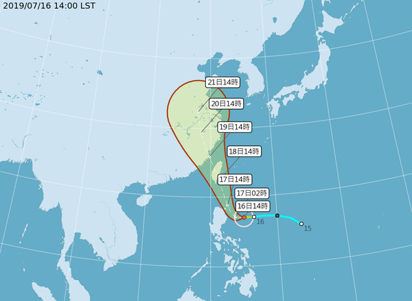 ▲▼颱風丹娜絲生成，7/16 1600路徑潛勢預報圖。（圖／中央氣象局）