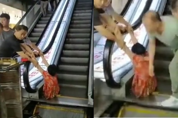 ▲▼黑龍江商場內，一名婦人腿被夾住。（圖／翻攝自微博）