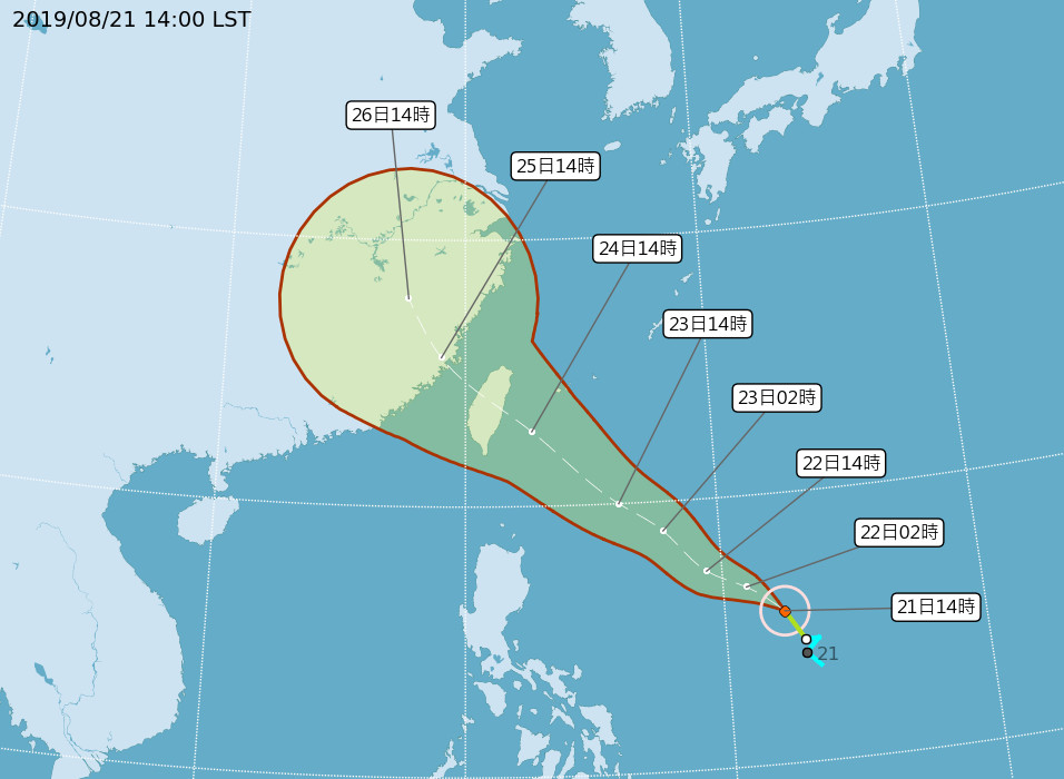 ▲▼白鹿颱風8/22路徑潛勢預報。（圖／中央氣象局）