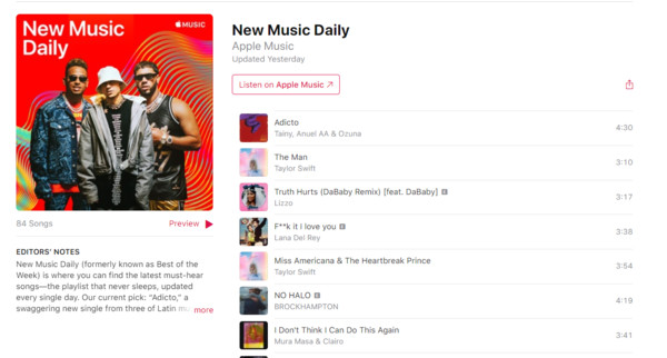▲蘋果的新播放列表New Music Daily，每天都會更新歌曲。（資料來源：蘋果官網）