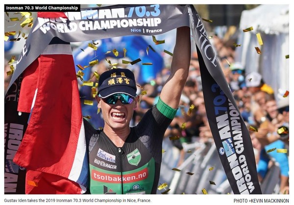 ▲▼   挪威選手Gustav Iden奪冠時戴著彰化埔鹽順澤宮的鴨舌帽。（圖／翻攝自Triathlon.com）