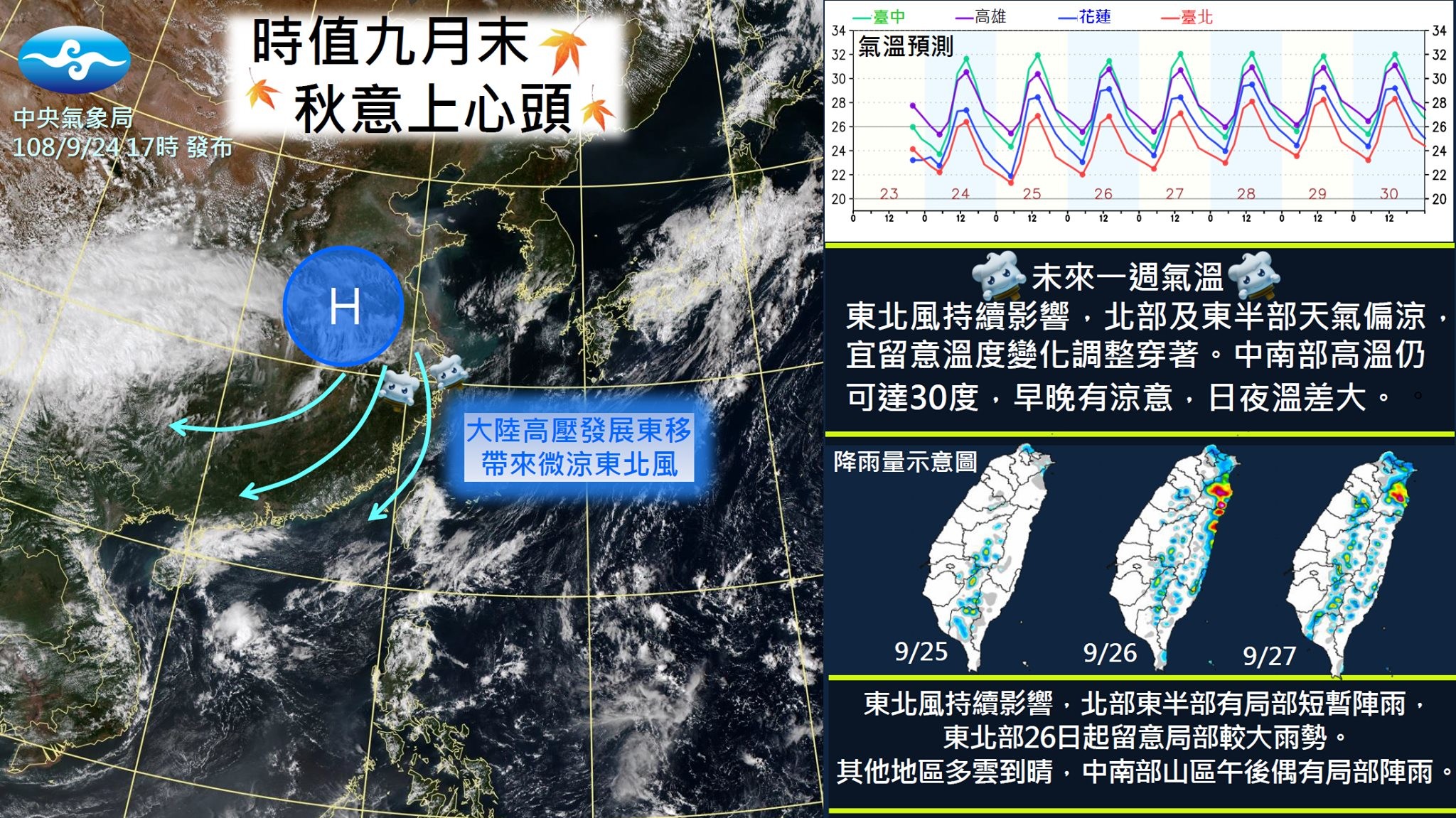 ▲▼秋意濃，北方的冷空氣也逐漸活躍南下。（圖／中央氣象局）