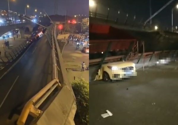 ▲▼江蘇高架橋倒塌3輛車遭壓 原因疑為貨車嚴重超載。（圖／翻攝自微博）