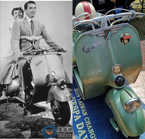 ▲2019偉士牌大會師與羅馬假期1952年同款機車展示，合成圖。（左圖／傳影互動、翻攝自網路）