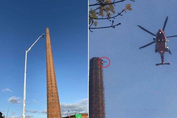 ▲▼英國卡萊爾（Carlisle）一名男子倒掛290英尺（大約88.3公尺）煙囪頂端，受困14小時死亡。（圖／翻攝Twittwr@Cumbriapolice、@Numptyed）