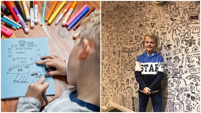 天賦外露！9歲男孩不愛上課只愛塗鴉　餐廳給他「整面白牆」當畫布