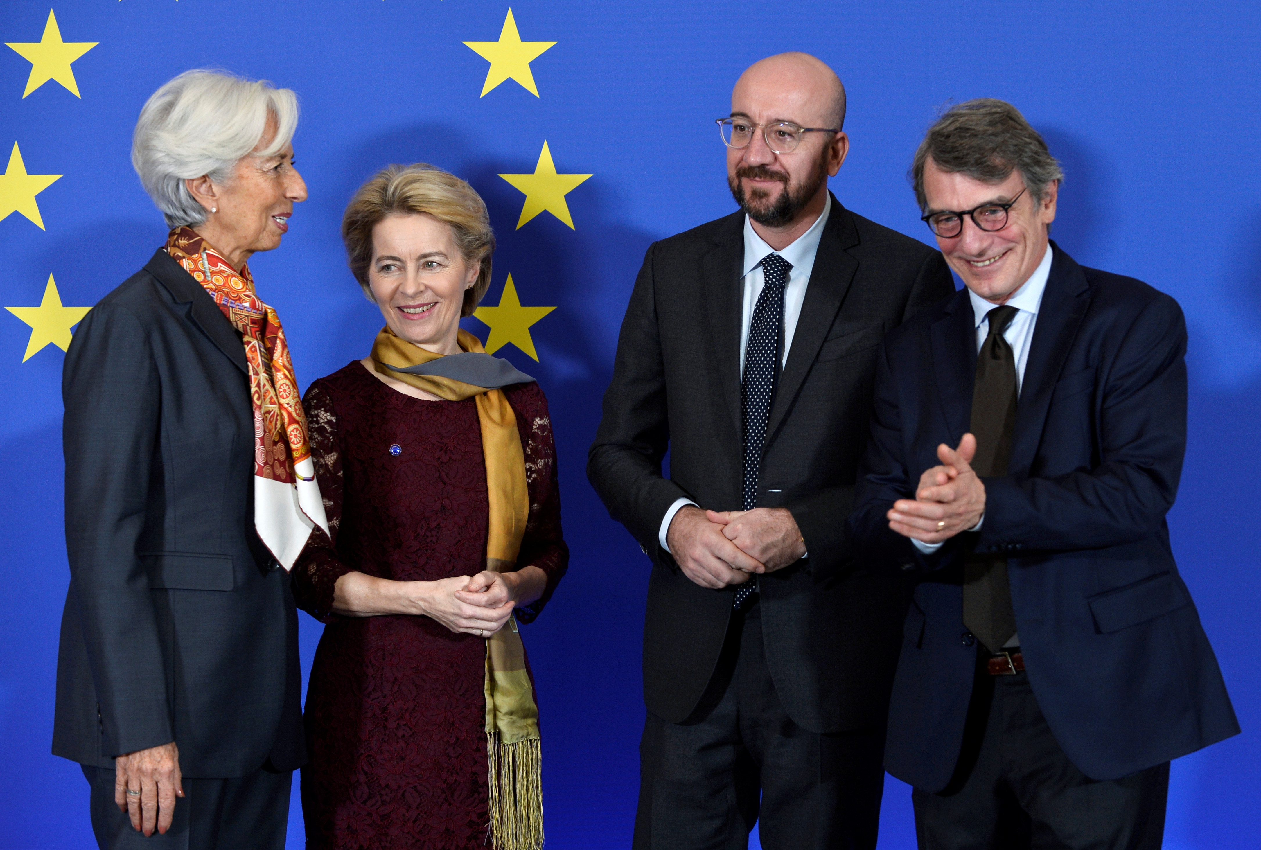 ▲▼左起歐洲中央銀行總裁拉加德、馮德萊恩（Ursula von der Leyen）、比利時前總理、歐洲理事會新任主席米歇爾（Charles Michel ）、歐洲議會議長薩索利（David Sassoli）。（圖／路透）