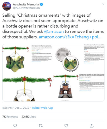 ▲亞馬遜販售「納粹集中營圖案」聖誕飾品挨轟             。（圖／翻攝自推特@Auschwitz Memorial）