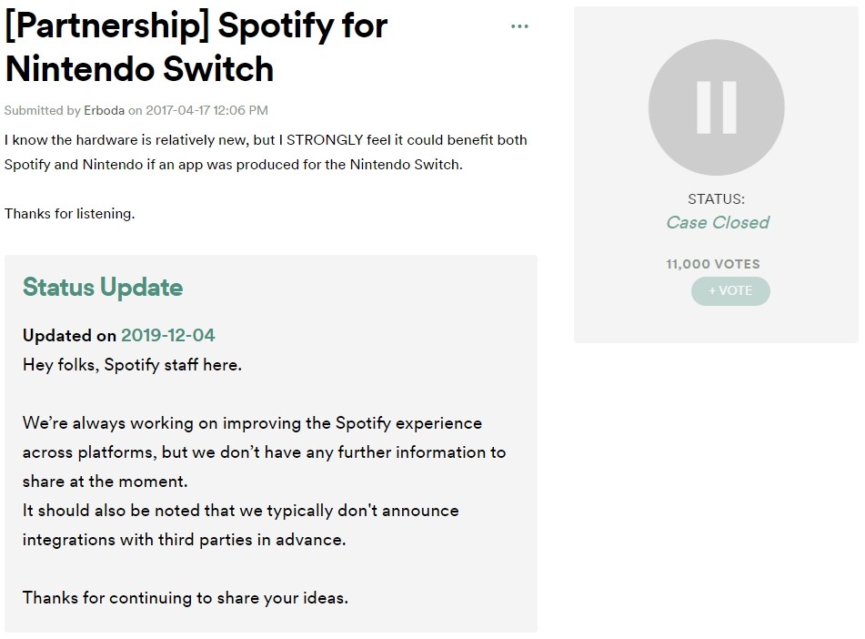 ▲▼Spotify回覆2年前用戶建議：沒計畫推出Switch版App。（圖／截自Spotify Community）