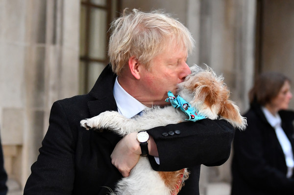 ▲▼英國首相強生帶著愛犬前往投票站。（圖／路透）