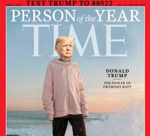 ▲川普的競選連任團隊把《時代雜誌》封面「年度風雲人物」桑柏格的照片，P上了川普的腦袋！ (圖／翻攝自網路)