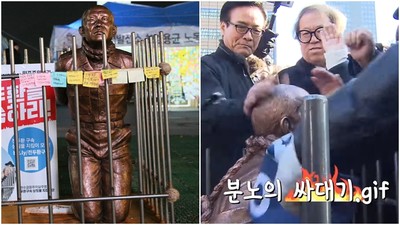 難忍39年仇恨！人民造「韓國總統跪地像」　巴頭技連發、甩耳光洩憤