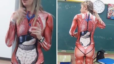 學生嗨翻！火辣女老師穿「3D器官衣」教課　連老公都讚：聰明又性感