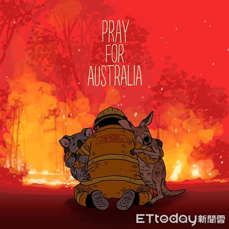 ▲▼畫中消防員緊抱著受傷的動物們，替澳洲祈福。（圖／Facebook／怪叔叔の散步道 授權提供）