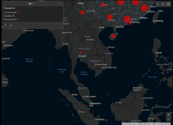 ▲▼新加坡是中國境外確診病例第三多的國家。（圖／翻攝自Johns Hopkins CSSE）