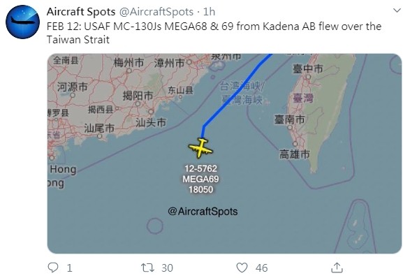 ▲美國軍機經過台灣海峽。（圖／翻攝自飛機守望推特）