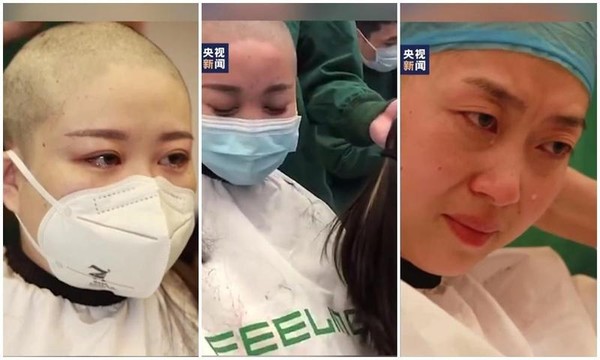 中國媒體拍攝即將前往湖北支援的甘肅女醫護被剃光頭影片。（翻攝央視微博）