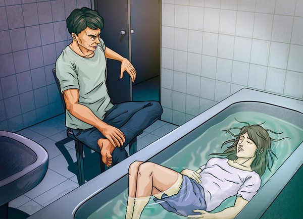 吳應弘狠心看著潘的大女兒藥性發作，全身無力地溺斃在浴缸裡。