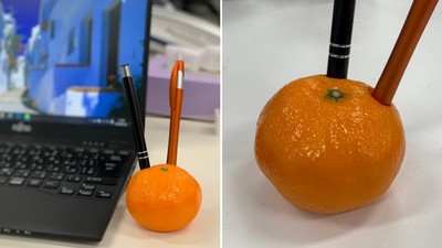 同事經過全部秒回頭　喪心「橘子筆筒」太逼真　居然還有剝皮版