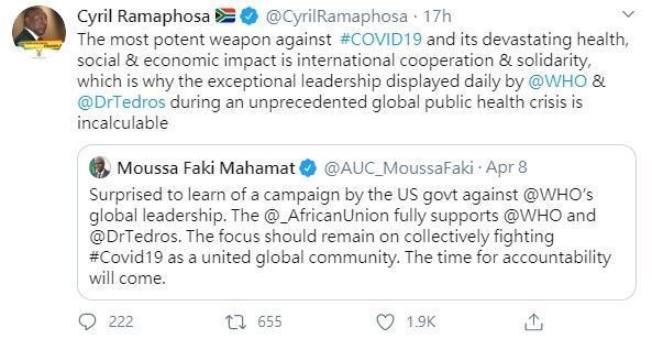 南非總統拉瑪佛沙（Cyril Ramaphosa）聲援譚德塞對WHO的領導。（翻攝自Cyril Ramaphosa推特）