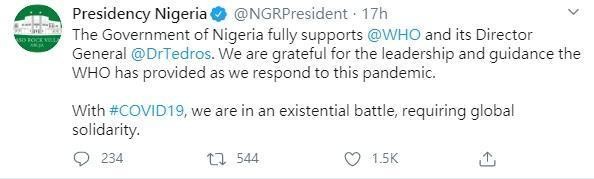 奈及利亞總統府官方帳號表示，奈及利亞完全支持譚德塞。（翻攝自Presidency Nigeria推特）