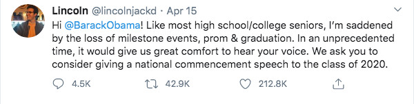 ▲美國一名高中生邀歐巴馬給予2020畢業班期勉 。（圖／翻攝自推特／Lincoln）