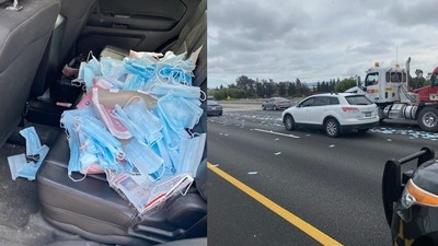 高速公路上百口罩紛飛　民眾瘋撿如撿錢　加州公路警：別再撿了！