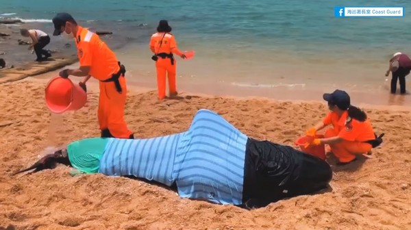 ▲▼澎湖沙灘發現300公斤保育類擱淺鯨豚。（圖／翻攝自臉書粉專「海巡署長室 Coast Guard」）