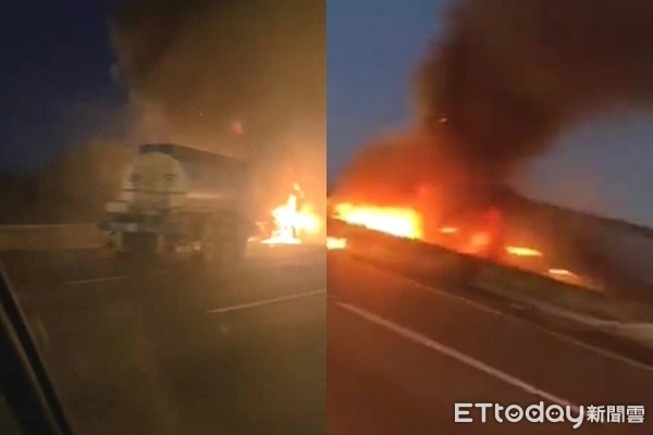 ▲國道一號鹽酸槽車遭大火燒毀。（圖／翻攝臉書《爆廢公社》）
