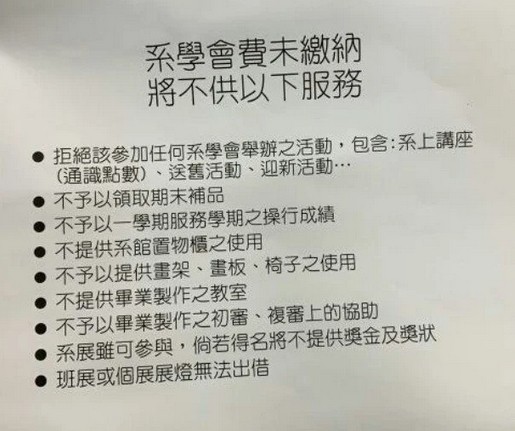 ▲網友PO文質疑台南大學某一系學會對未繳會費的規定不合理，提供的照片內容對未繳系費之學生羅列9項限制。（圖／翻攝自Dcard，下同）