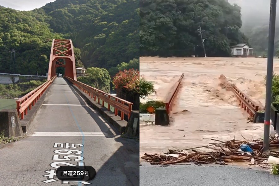 ▲▼ 日本九州暴雨，球磨川鋼構深水橋半截消失。（圖／翻攝自推特／@125ikmn、@yuiiikiiis）