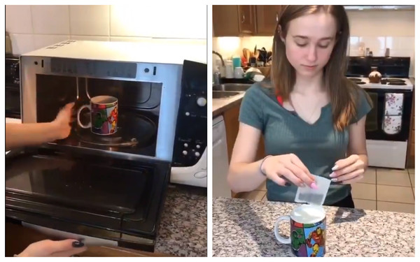 ▲▼在英國的美國媽媽Michelle用微波爐泡茶，並教女兒把茶包丟進牛奶。（圖／翻攝自jchelle36 Twitter）