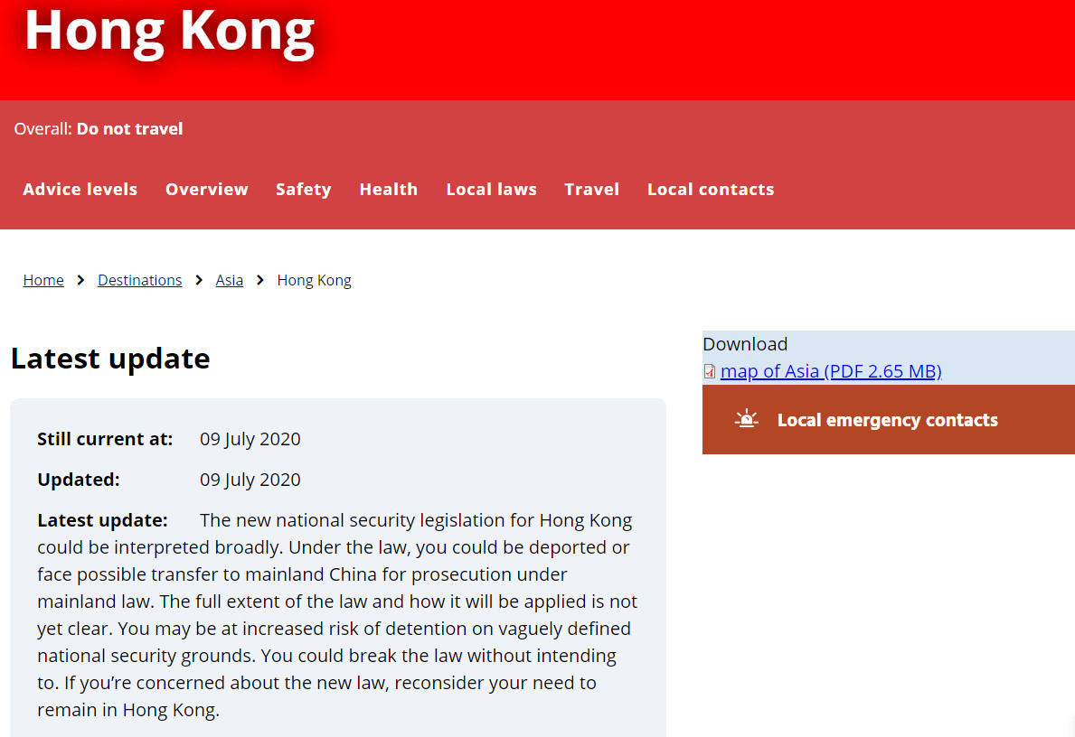 ▲▼  澳洲聯邦政府今（9）更新對香港的旅遊建議，稱澳洲公民不應前往香港，若留在香港鄉面臨被拘留的風險。（圖／翻攝自澳洲外交貿易部網站）