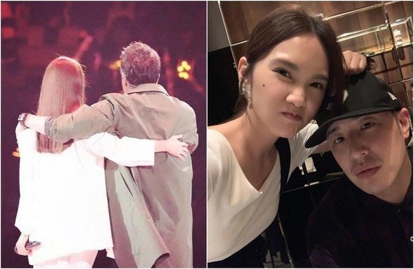 楊丞琳po出一張與潘瑋柏在舞台上勾肩搭背的背影照。（翻攝自楊丞琳微博）