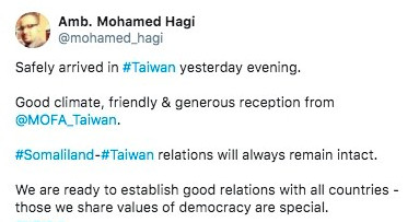 ▲▼索馬利蘭駐台代表哈吉於推特上公布，他在7日晚間已經抵達台灣。（圖／索馬利蘭哈吉推特）