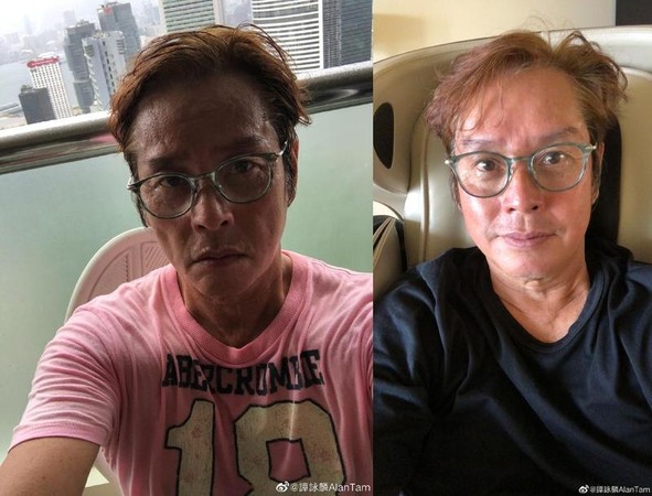 譚詠麟昨（13日）在微博發數張照片，因臉部明顯消瘦，令人擔憂（左）；晚上他趕緊再發照，要大家別擔心（右）。（翻攝自譚詠麟微博）