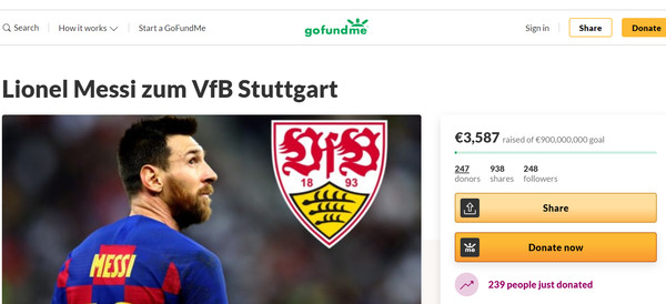 ▲▼德甲司徒加特發起募款,希望能簽下梅西。(圖/翻攝自gofundme官網) ▲▼德甲司徒加特發起募款,希望能簽下梅西。(圖/翻攝自gofundme官網)