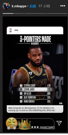 ▲▼法國足球巨星姆巴佩前一天才祝賀詹姆斯締造季後賽三分紀錄。(圖/翻攝自IG/k.mbappe) ▲▼法國足球巨星姆巴佩前一天才祝賀詹姆斯締造季後賽三分紀錄。(圖/翻攝自IG/k.mbappe)