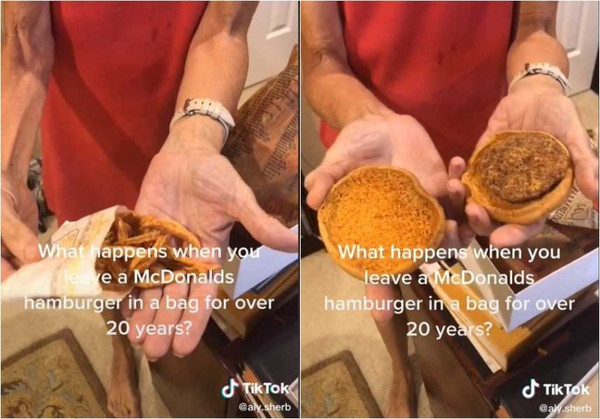 美國有個阿嬤，開箱了塵封24年的麥當勞漢堡、薯條，結果發現外觀竟完好如初。（圖／翻攝自aly.sherb抖音）