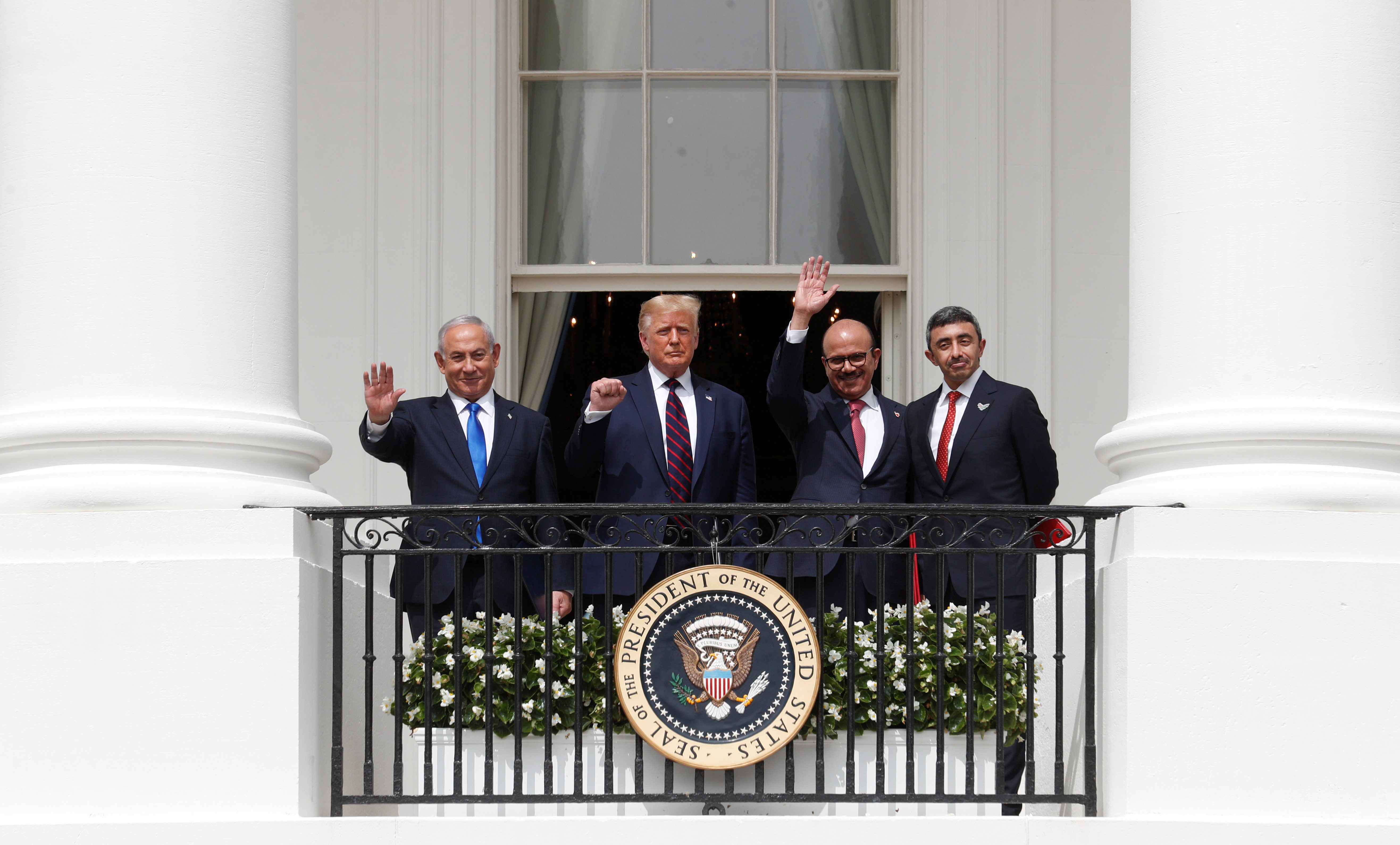 ▲▼川普在白宮與以色列總理、巴林外長以及阿聯酋外長會晤。（圖／路透）