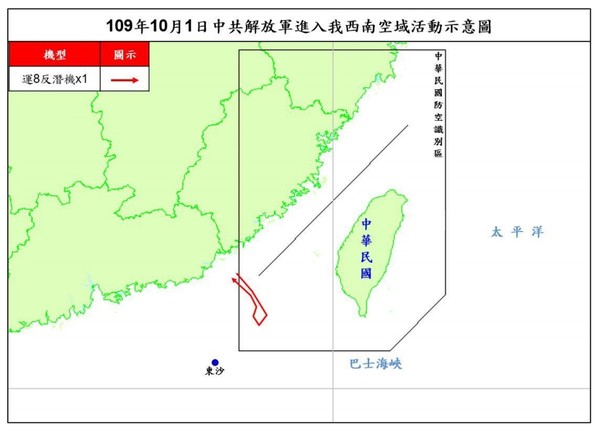 ▲共軍一架運8反潛機1日侵擾我西南防空識別區。（圖／國防部提供）