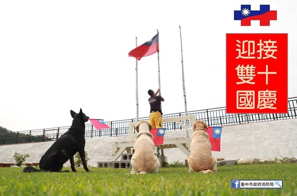 ▲全台最萌升旗！亞洲最強搜救犬鐵雄帶隊慶雙十。（圖／記者游瓊華攝）
