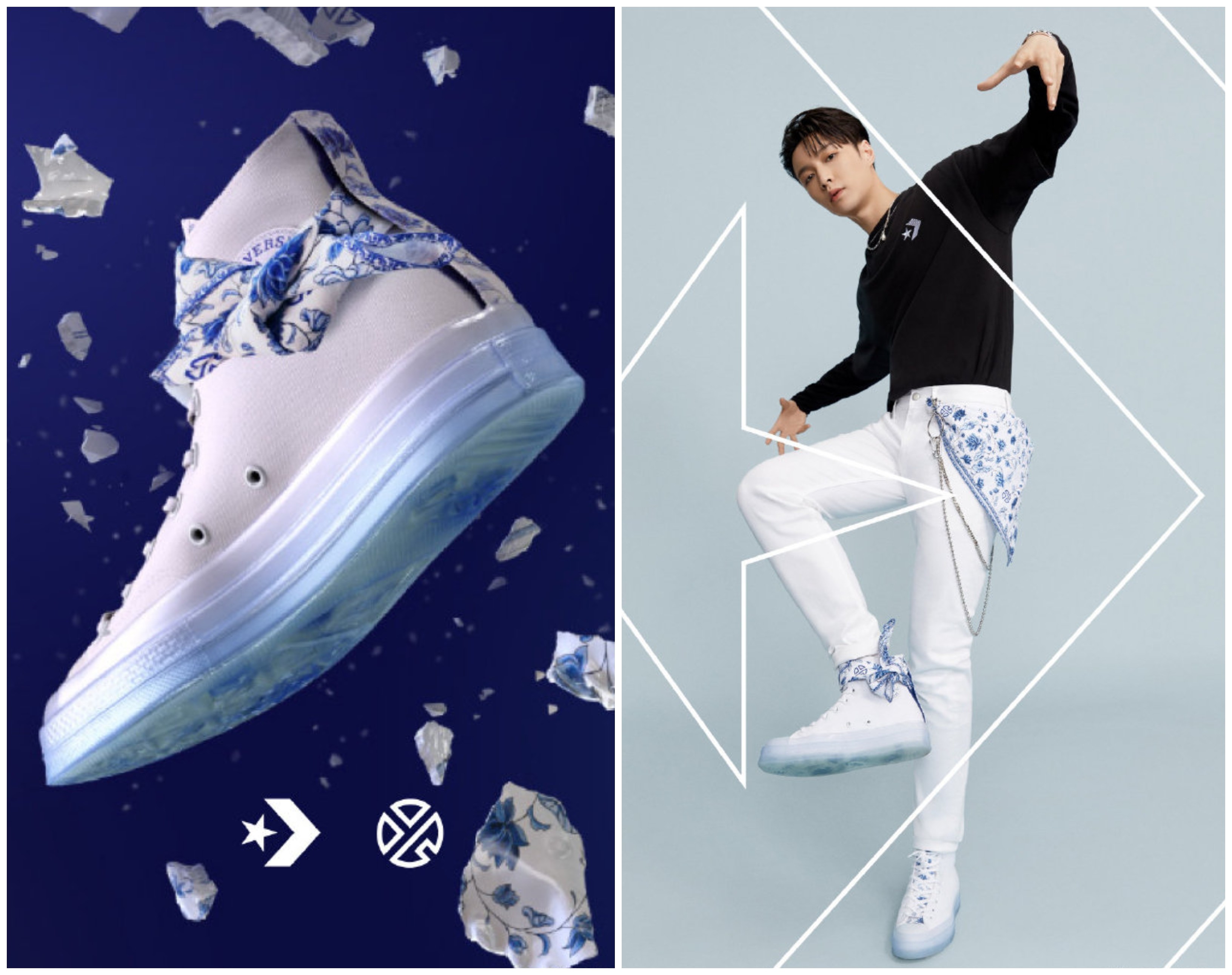 ▲Converse「青花瓷鞋」附絲巾　聯名張藝興超搞剛，網驚呼：誰會穿出門？         。（圖／翻攝微博、IG）